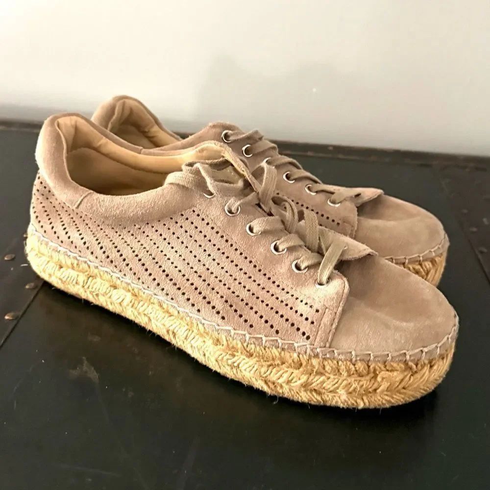 Marc Fisher Tan Suede Mandal Perforated Platform Espadrille Sneaker EUC Size 9